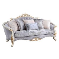 88 Inch Curved Crown Solid Wood Sofa, 6 Pillows, Sloped Arms, Silver