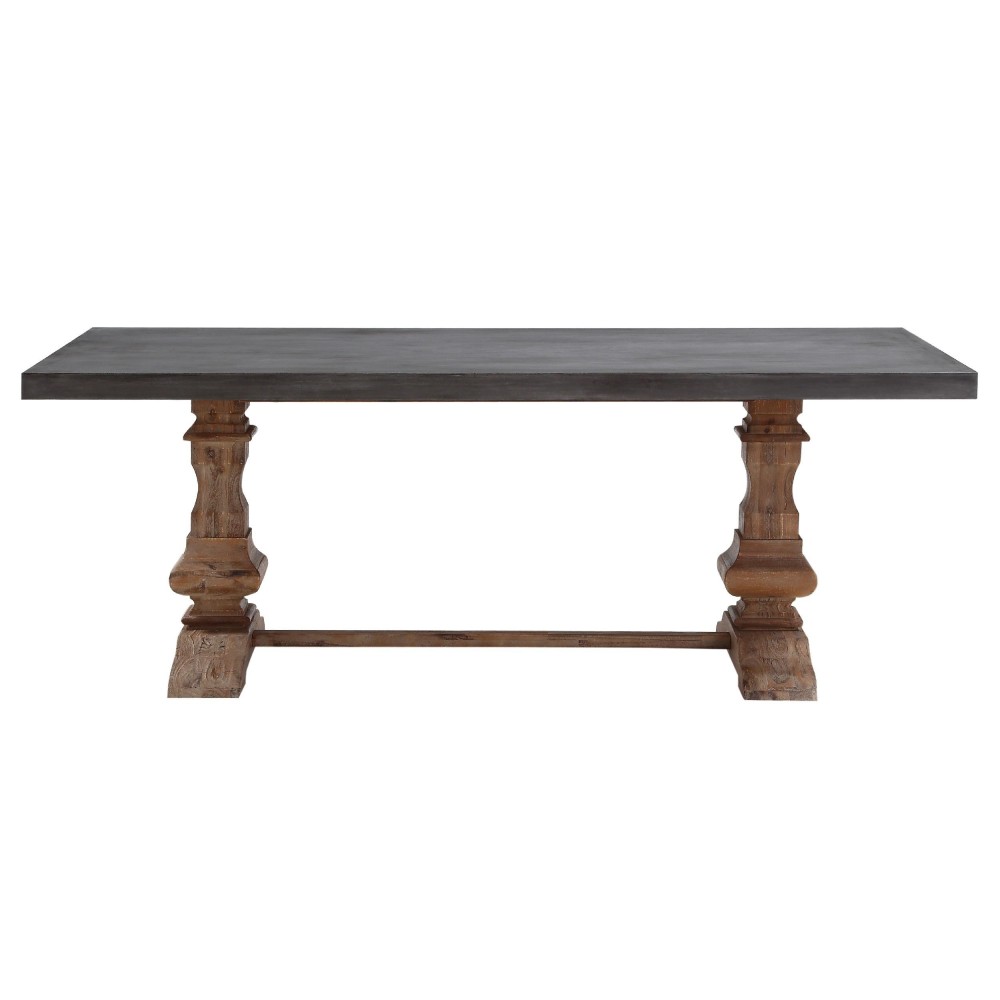 83 Inch Concrete Top Dining Table, Acacia Wood, Turned Pedestal Base, Gray