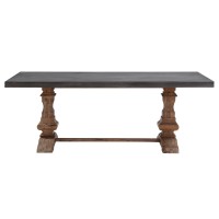 83 Inch Concrete Top Dining Table, Acacia Wood, Turned Pedestal Base, Gray