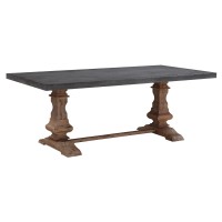 83 Inch Concrete Top Dining Table, Acacia Wood, Turned Pedestal Base, Gray