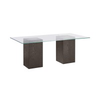 Mod 80 Inch Glass Top Table, Rubberwood, Double Pedestal Base, Ash Gray