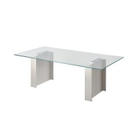 Hal 84 Inch Glass Top Dining Table, Curved Metal Pedestal Base, Silver