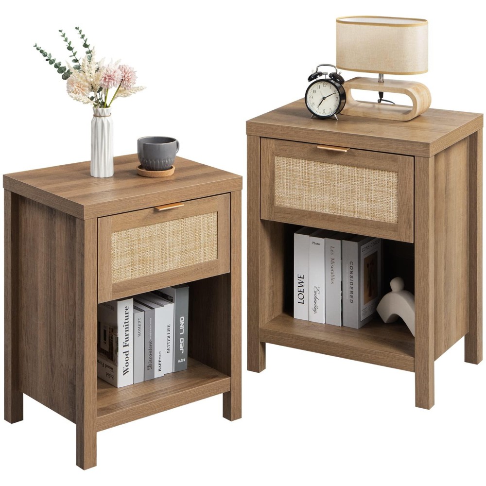 Sicotas Rattan Nightstand Set Of 2 Farmhouse Night Stand With Drawer And Storage Shelf Boho Bedside Table End Table Side Tab