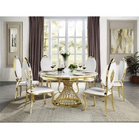 Acme Fallon Round Marble Top Dining Table In Mirrored Gold Finish