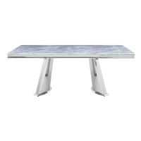 Acme Destry Dining Table In Faux Marble Top And Mirrored Silver