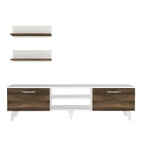 59 Inch Wood TV console Entertainment center, 2 Drop Down Doors, 2 Wall Shelves, Walnut, White(D0102H71TBT)