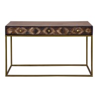 51 Inch 3 Drawer Mango Wood console Table, Diamond Textured Panels, Metal Frame, Brown(D0102H7UL3T)