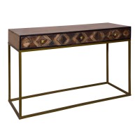 51 Inch 3 Drawer Mango Wood console Table, Diamond Textured Panels, Metal Frame, Brown(D0102H7UL3T)