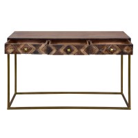 51 Inch 3 Drawer Mango Wood console Table, Diamond Textured Panels, Metal Frame, Brown(D0102H7UL3T)