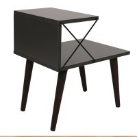 22 Inch Rectangular 2 Tier Wood Nightstand Side Table, crossed Metal Bar Frame, Angled Legs, charcoal gray, Brown(D0102H7UL28)
