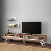 Belle 71 Inch Wooden Rectangular TV console Entertainment center 2 Wall Shelves White Brown(D0102H71TQT)