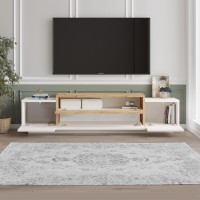 Belle 63 Inch Wooden TV console Entertainment Media center, 4 Drop Down Doors, White, Natural(D0102H71T78)