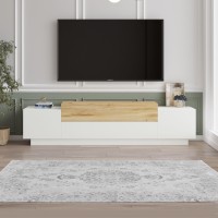 Belle 63 Inch Wooden TV console Entertainment Media center, 4 Drop Down Doors, White, Natural(D0102H71T78)