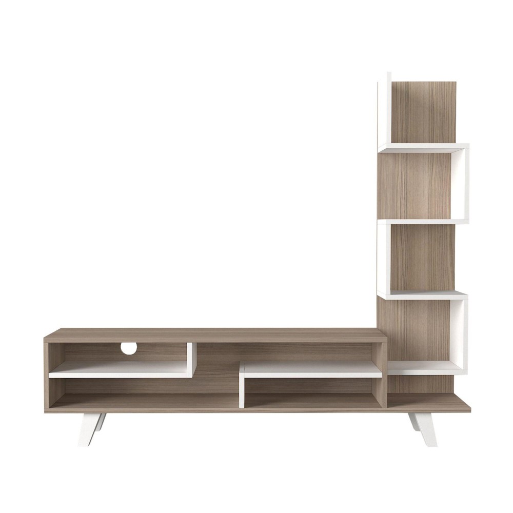 59 Inch Modern Wood TV console Entertainment center Stacked Shelves White and Oak Brown(D0102H7ULZJ)