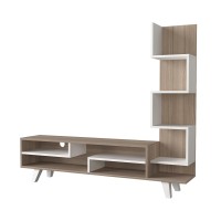 59 Inch Modern Wood TV console Entertainment center Stacked Shelves White and Oak Brown(D0102H7ULZJ)