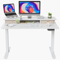 Fezibo 40 X 24 Inch Height Adjustable Electric Standing Desk With Double Drawer, Stand Up Desk With Storage Shelf, Sit Stand Desk, White