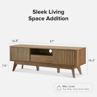 mopio Brooklyn Mid-Century Modern TV Stand, for TVs up to 50??Waveform Panel, Sleek Curved Profile with Adjustable Shelf and Sturdy Box Frame Leg (Natural Walnut, 57