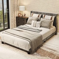 Yitahome Upholstered Bed Frame, Platform Bed Base With Grey Velvet Square Tufted Headboard, Strong Wood Slats Support Queen Size Mattress Foundation, No Box Spring Needed, Grey