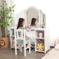 Infans Kids Vanity 2 In 1 Princess Makeup Desk Chair Set With Trifolding Detachable Mirror Large Storage Shelves Wooden Pr