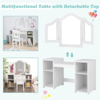 Infans Kids Vanity 2 In 1 Princess Makeup Desk Chair Set With Trifolding Detachable Mirror Large Storage Shelves Wooden Pr