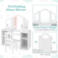 Infans Kids Vanity 2 In 1 Princess Makeup Desk Chair Set With Trifolding Detachable Mirror Large Storage Shelves Wooden Pr