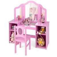 Infans Kids Vanity, 2 In 1 Princess Makeup Desk & Chair Set With Tri-Folding Detachable Mirror, Large Storage Shelves, Wooden Pretend Play Dressing Table For Girls