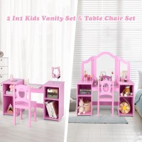 Infans Kids Vanity, 2 In 1 Princess Makeup Desk & Chair Set With Tri-Folding Detachable Mirror, Large Storage Shelves, Wooden Pretend Play Dressing Table For Girls