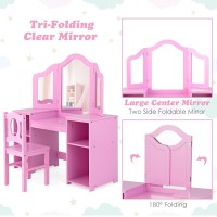 Infans Kids Vanity, 2 In 1 Princess Makeup Desk & Chair Set With Tri-Folding Detachable Mirror, Large Storage Shelves, Wooden Pretend Play Dressing Table For Girls