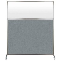 Versare Hush Screen Portable Divider | Frosted Window | Freestanding Partition On Wheels | Rolling Office Workstation | 5' Wide X 6' Tall Sea Green Fabric Panels