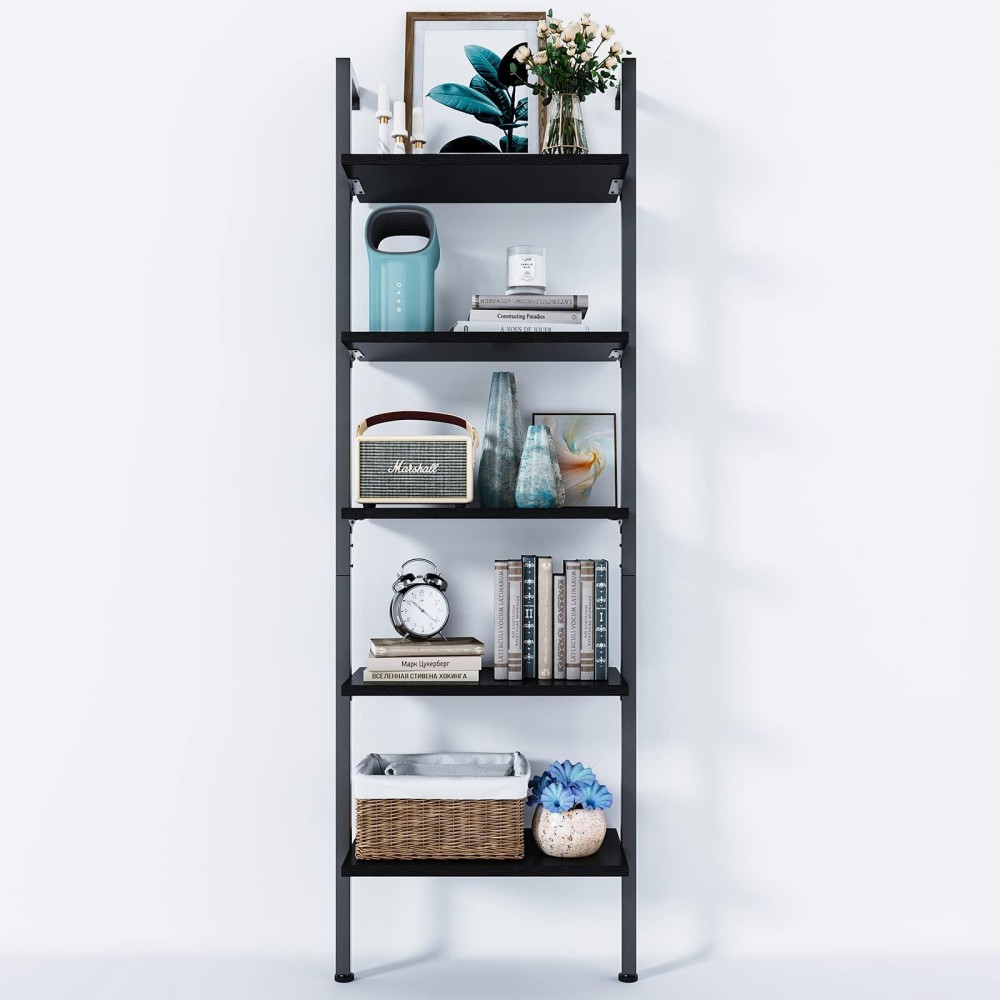 Odk 5-Tier Ladder Shelf, 74 Inches Wall Mounted Ladder Bookshelf With Metal Frame, Open Industrial Shelves For Home Office, Bedroom And Living Room, Black