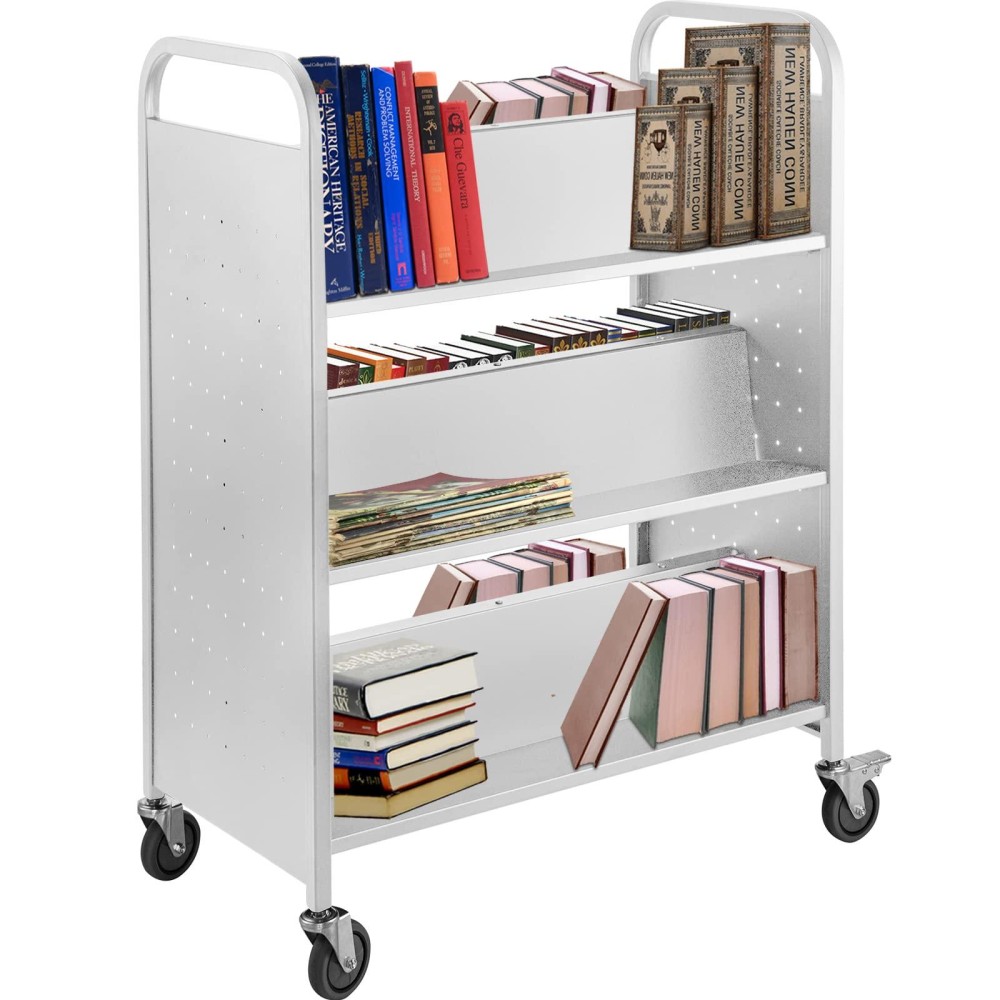 Vevor Book Cart, Library Cart 6-Shelf, Rolling Library Book Cart Double Sided W-Shaped Sloped Shelves With 4-Inch Lockable Wheels, For Home Shelves Office And School Book Truck In White