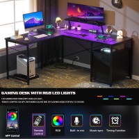 Unikito L-Shaped Desk With Power Outlet And Led Strip, L Shaped Computer Corner Desk With Reversible File Drawer And Monitor Stand, Gaming Table Writing Desk For Home Office Workstation, Black