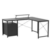 Unikito L-Shaped Desk With Power Outlet And Led Strip, L Shaped Computer Corner Desk With Reversible File Drawer And Monitor Stand, Gaming Table Writing Desk For Home Office Workstation, Black