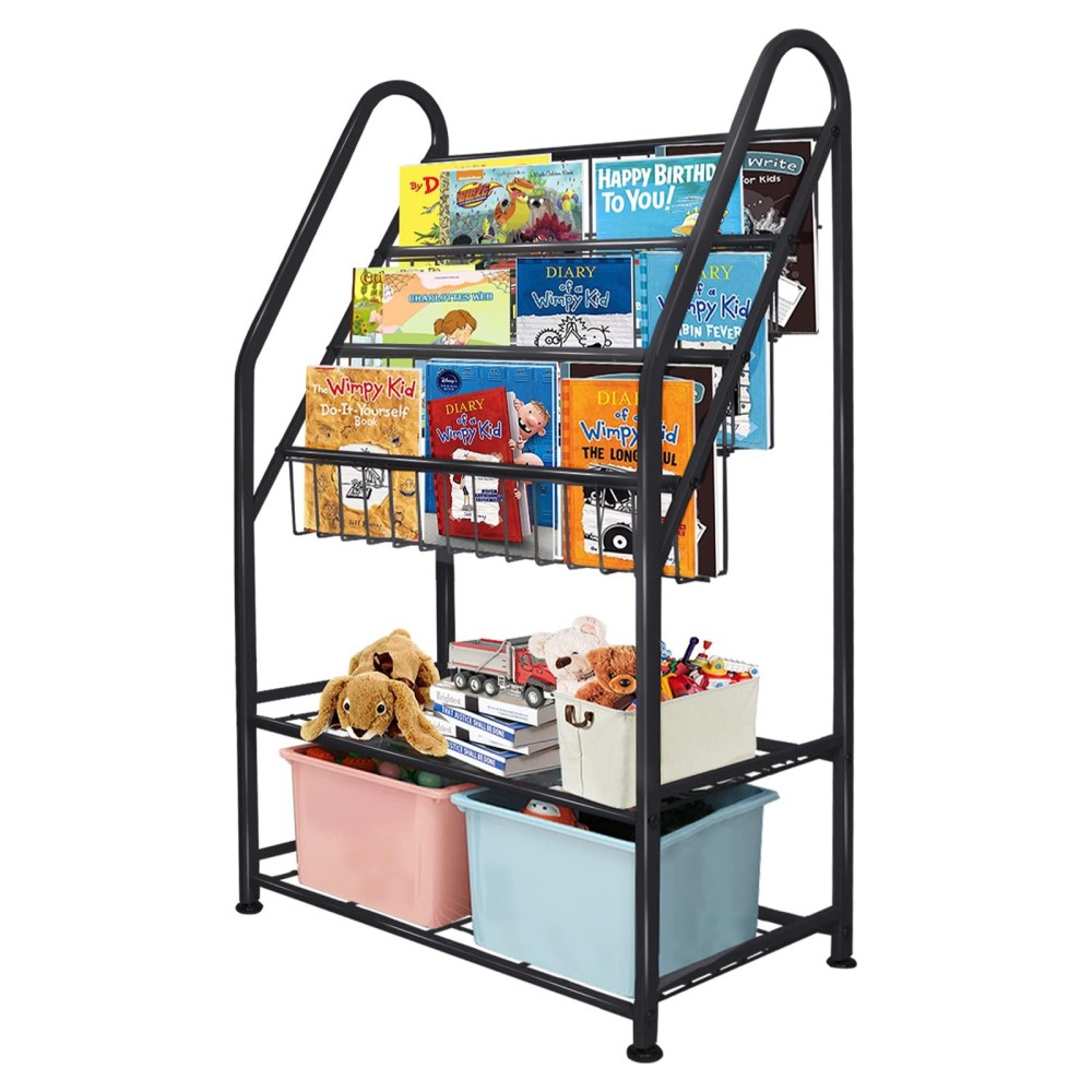 Aboxoo Metal Kids Black Bookshelf Toy Chests & Organizers Large Freestanding For Children Toy Chests & Organizersroom 25 In Toy Organizer Large Stable Bookcase Bookstore Library Bed Living Room