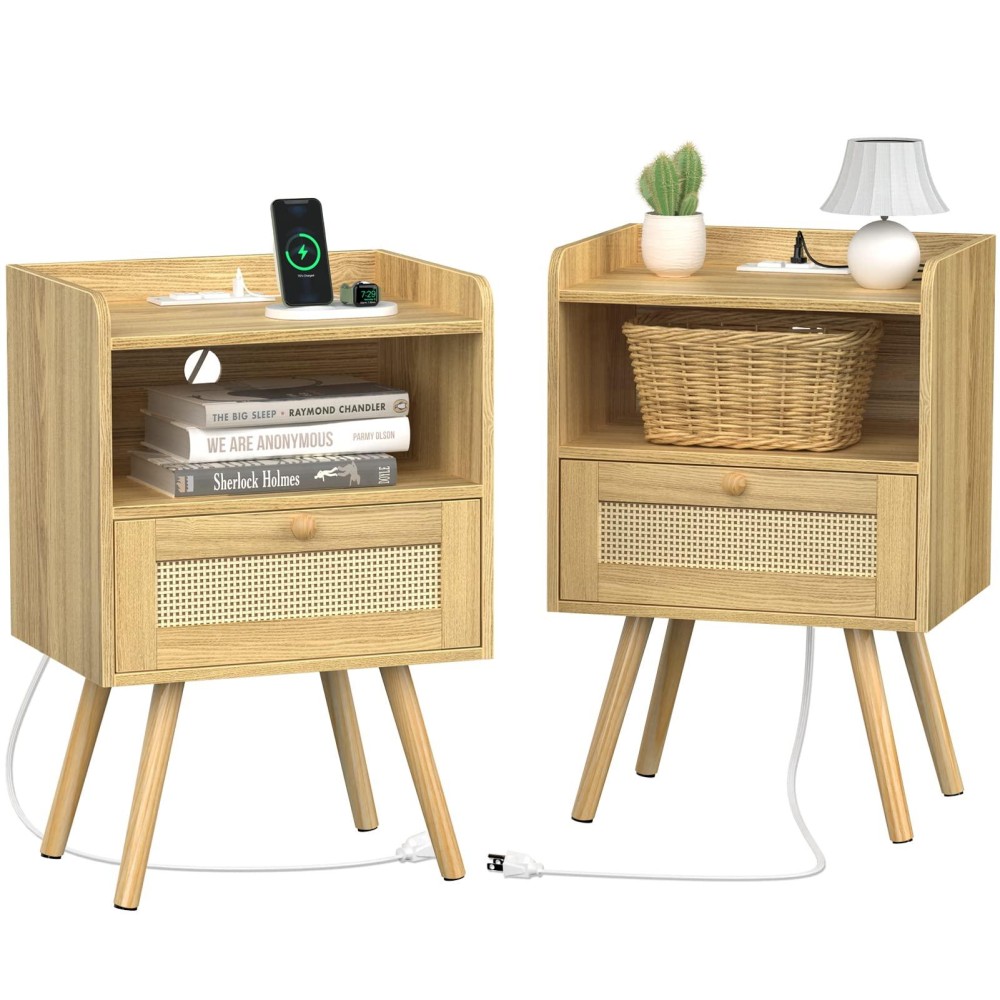 Superjare Nightstands Set Of 2, Night Stands With Charging Station & Pe Rattan Decor Drawer, Bed Side Tables With Solid Wood Feet, End Table, For Bedroom, Living Room - Natural