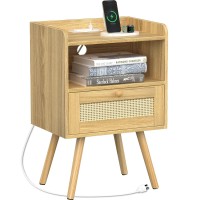 Superjare Nightstand With Charging Station & Rattan-Like Decor Drawer, Rattan End Table With Solid Wood Feet, Bed Side Table With Open Storage, For Bedroom, Living Room, Dormitory - Natural