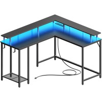 Superjare Desk L Shaped Gaming Desk With Led Lights Power Outlets Computer Desk With Monitor Stand Home Office Desk Corner D