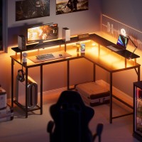 Superjare Desk L Shaped Gaming Desk With Led Lights Power Outlets Computer Desk With Monitor Stand Home Office Desk Corner D