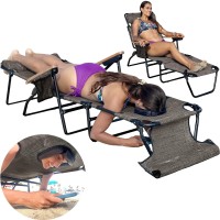 Easygo Product Flip Face Down Tanning Chaise Lounge Chair With Face & Arm Holes-4 Legs Support-Textilene Material-6 Position-Arm Head Rest Pillow-Beach Or Home Use-Patents Pending, 1 Pack, Brown