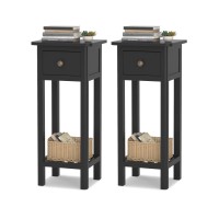 Gorelax Narrow End Table, Tall Nightstands Set Of 2 With Drawer & Shelf, Slim Bedside Tables W/Anti-Tipping Device, No Assembly, Wooden Small Side Table For Small Space, Living Room, Bedroom, Black