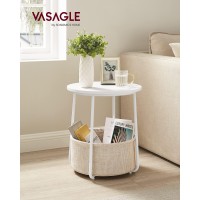 Vasagle Small Round Side End Table, Modern Nightstand With Fabric Basket, Bedside Table For Living Room Bedroom, Classic White And Sand Beige Let223W10