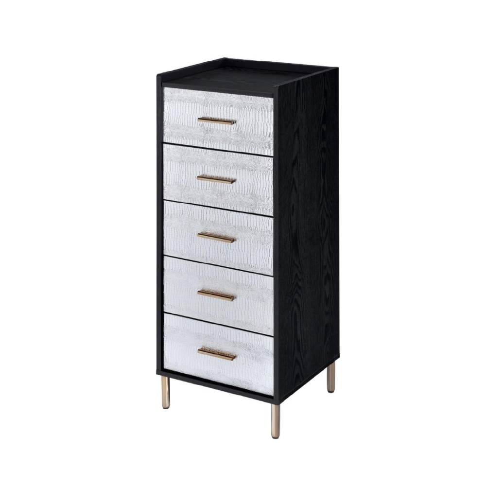 San 45 Inch 5 Drawer Jewelry Storage Chest, Gold Legs, Black and Silver