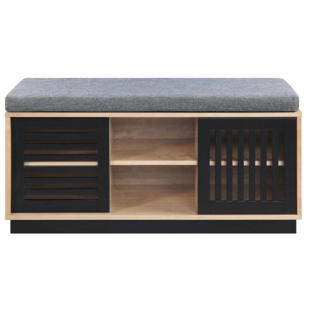 Nael 39 Inch Wood Bench with Cushioned Seat, 2 Slatted Cabinets, Oak, Black