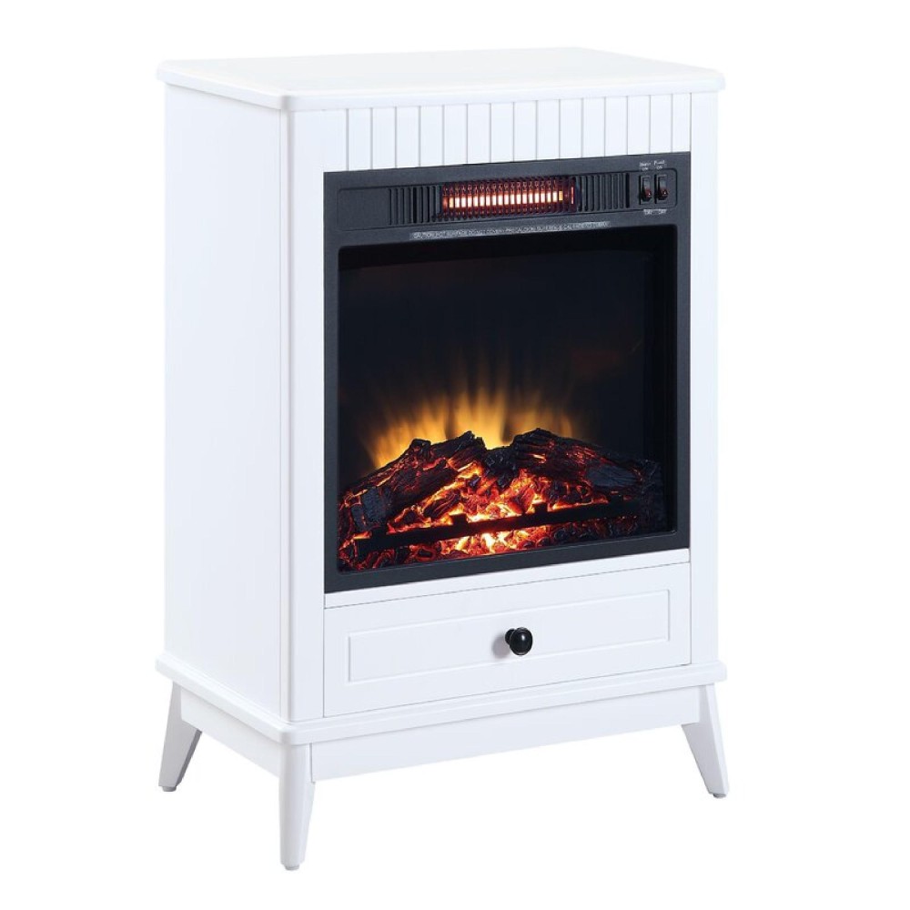 Etu 32 Inch Wood End Table with LED Electric Fireplace, 1 Drawer, White