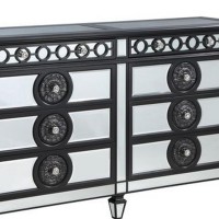 Koda 68 Inch 8 Drawer Wood Dresser, Mirror Trim, Sunburst, Black, Silver