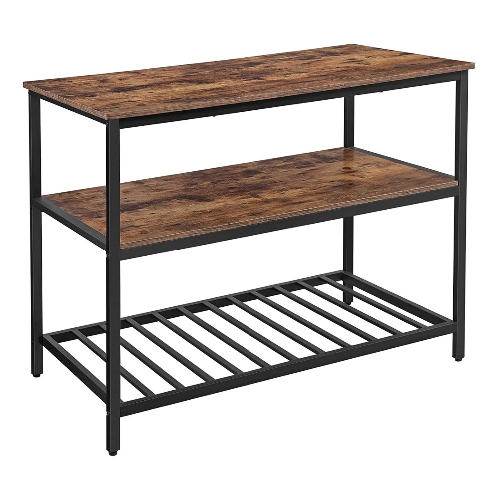 Hugh 47 Inch Wood Kitchen Island, Slatted Metal Shelf, Rustic Brown, Black