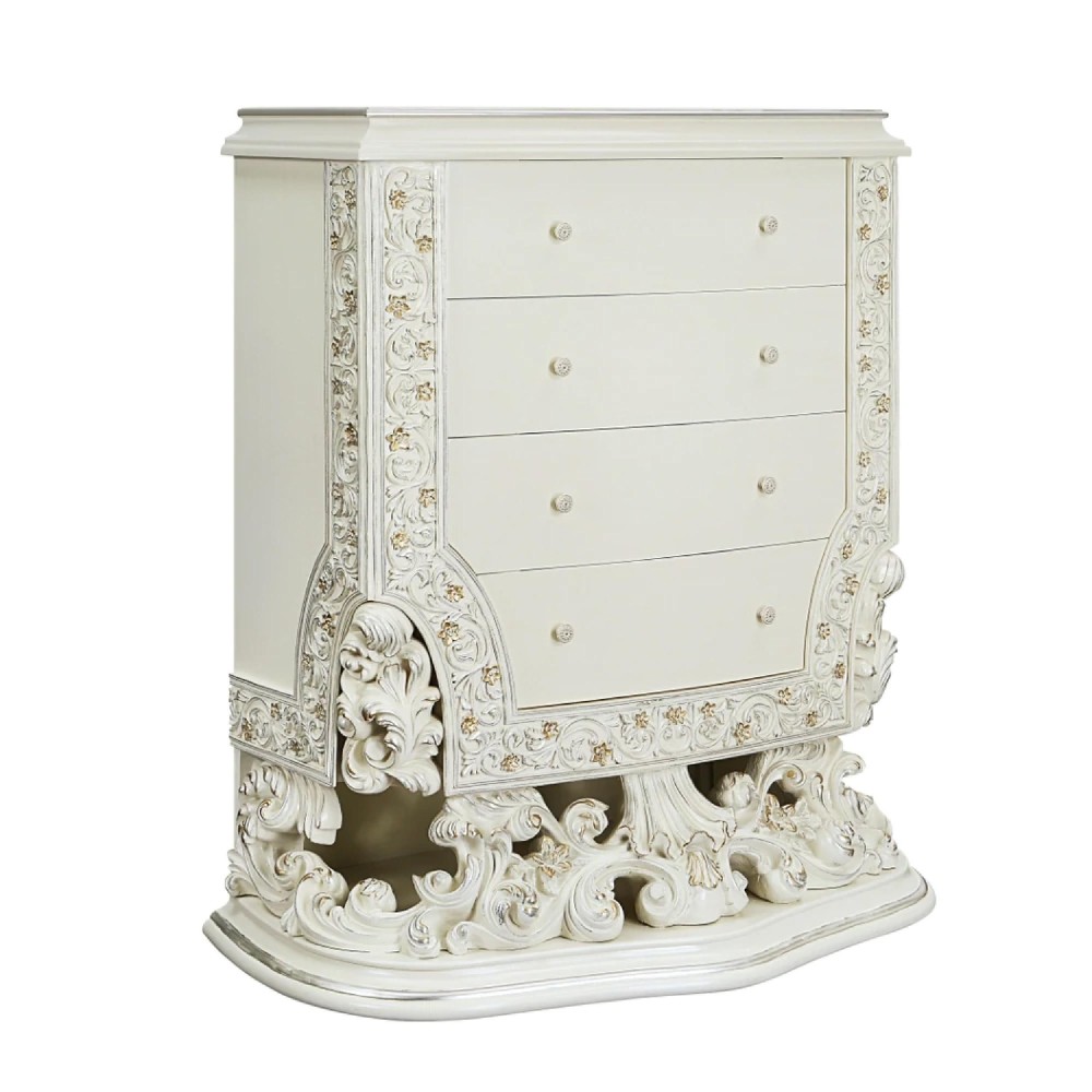 Rox 58 Inch Classic Ornate Carved Tall Dresser Chest, 4 Drawer, Wood, White