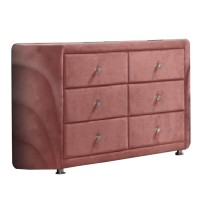 Sin 62 Inch Modern Side Dresser, 6 Drawers, Round Metal Knobs, Velvet, Pink