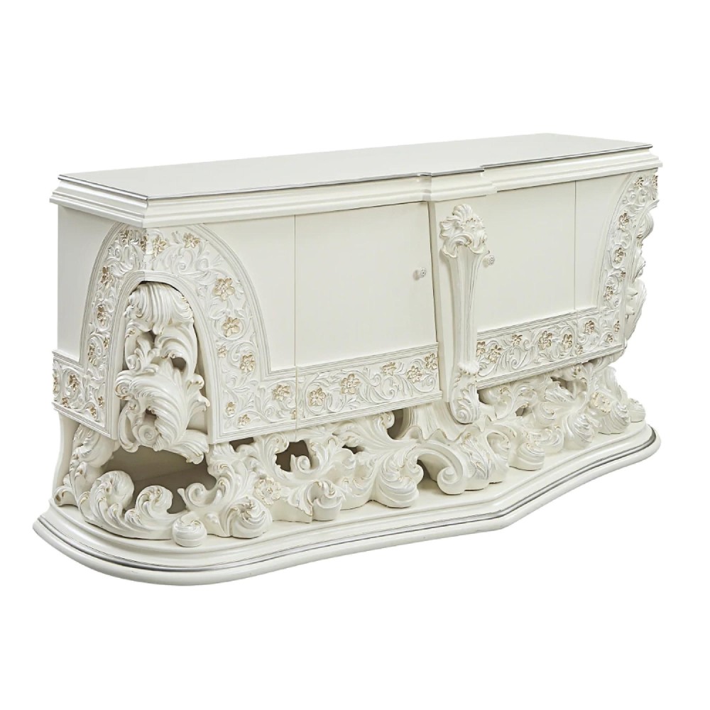 Rox 82 Inch Classic Ornate Carved Side Dresser with 2 Doors, Wood, White