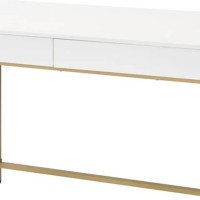 50 Inch Desk Console Table, 2 Drawers, Metal Inverted U Frame, White, Gold